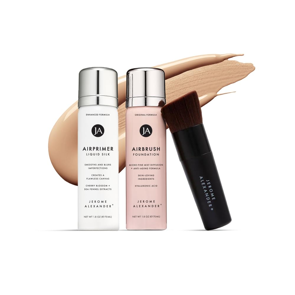 MagicMinerals AirBrush Foundation Set by Jerome Alexander - 3pc Set Includes Primer, Foundation and Kabuki Brush - Spray Makeup with Anti-aging