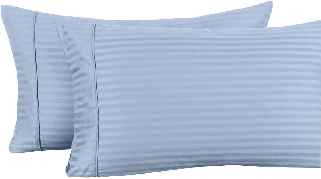 Damask Striped 650-Thread-Count, Cotton Blend, Set of 2 King Size Soft Wrinkle Resistant Pillow Cases, Blue