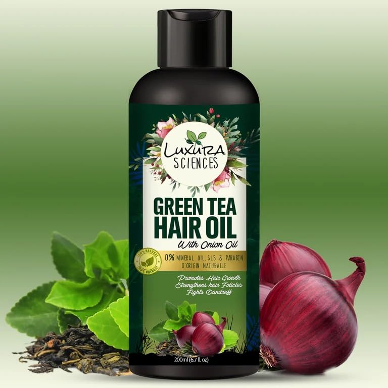 Luxura Sciences Green Tea Oil for Hair Growth | Controls Dandruff & Hair Loss | Root Strengthening Oil | Makes Hair Soft, Shiny & Thick | 6.76 Fl