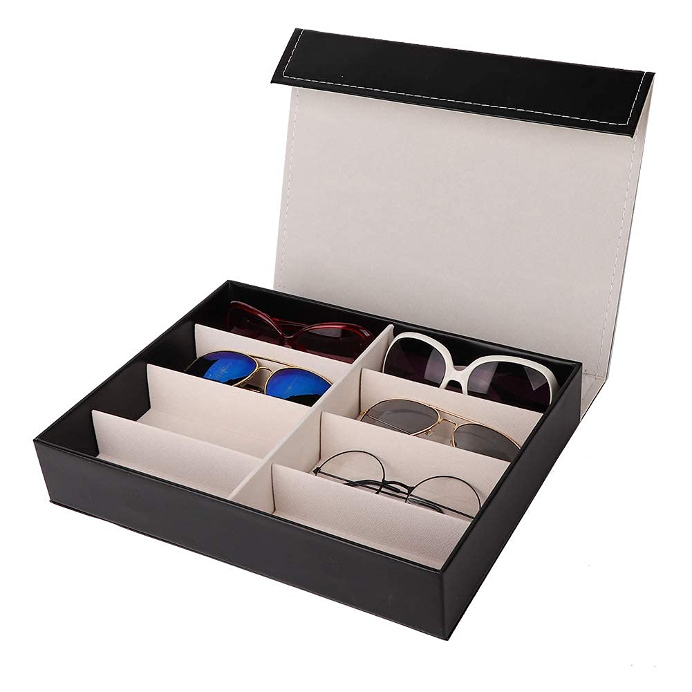 Pongnas 8 Grids Sunglass Jewelry Storage Organizer for Rings Earring, Glasses Box Organizer Leather Eyeglasses Collector Display Case Storage Box