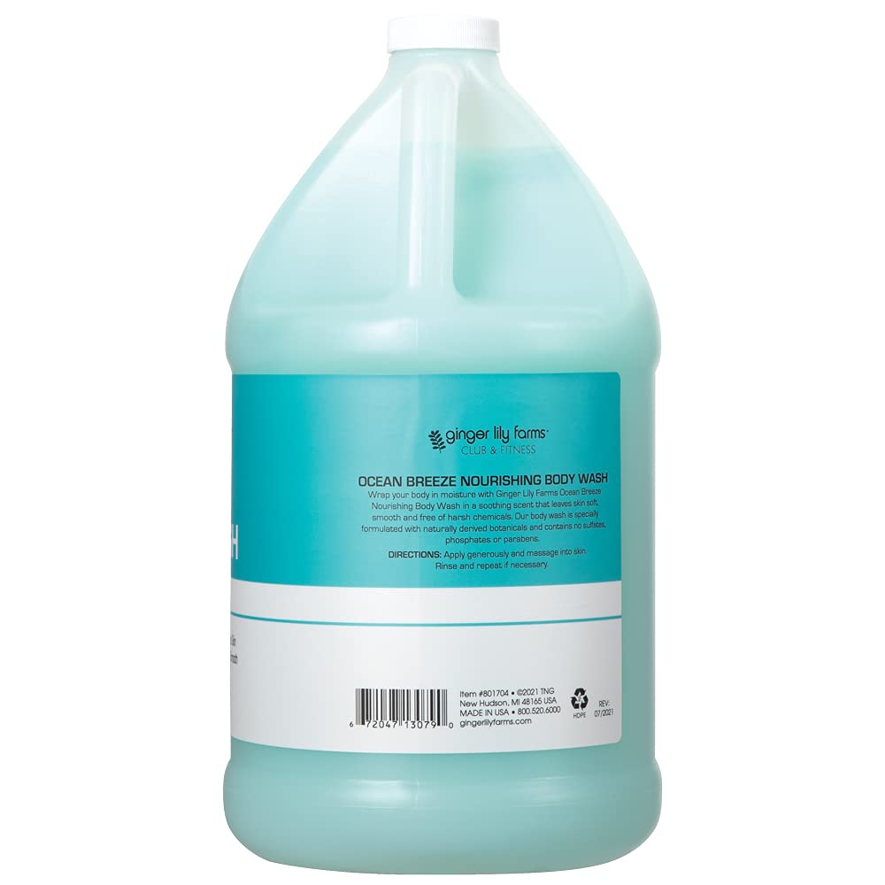 Ginger Lily Farms Club & Fitness Nourishing Body Wash, 100% Vegan & Cruelty-Free, Bath & Shower Gel for Men and Women, Ocean Breeze Scent, 1 Gallon