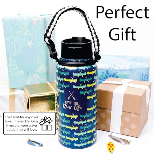 Pavilion Gift Company - Livin' The River Life - 32oz Stainless Steel Travel On The Go Water Bottle Coffee Thermal With Survival Rope Handle - Cabin