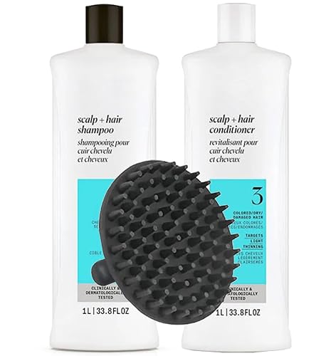 System 3 Cleanser Shampoo & Scalp Therapy Conditioner 1 Liter Duo Set for Chemically Treated Hair with Light Thinning + M Hair Designs Scalp Brush