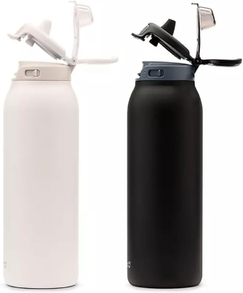 Ello Pop & Fill 32oz. 2-Pack Stainless Steel Water Bottle with QuickFill Technology, Dunes/Charcoal
