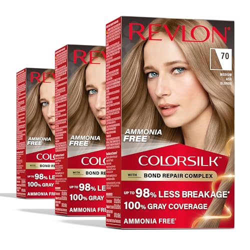 Revlon ColorSilk with Bond Repair Complex, Blonde Permanent Hair Color, 100% Gray Coverage, Ammonia Free Hair Dye, Vegan Keratin, 70 Medium Ash Blonde