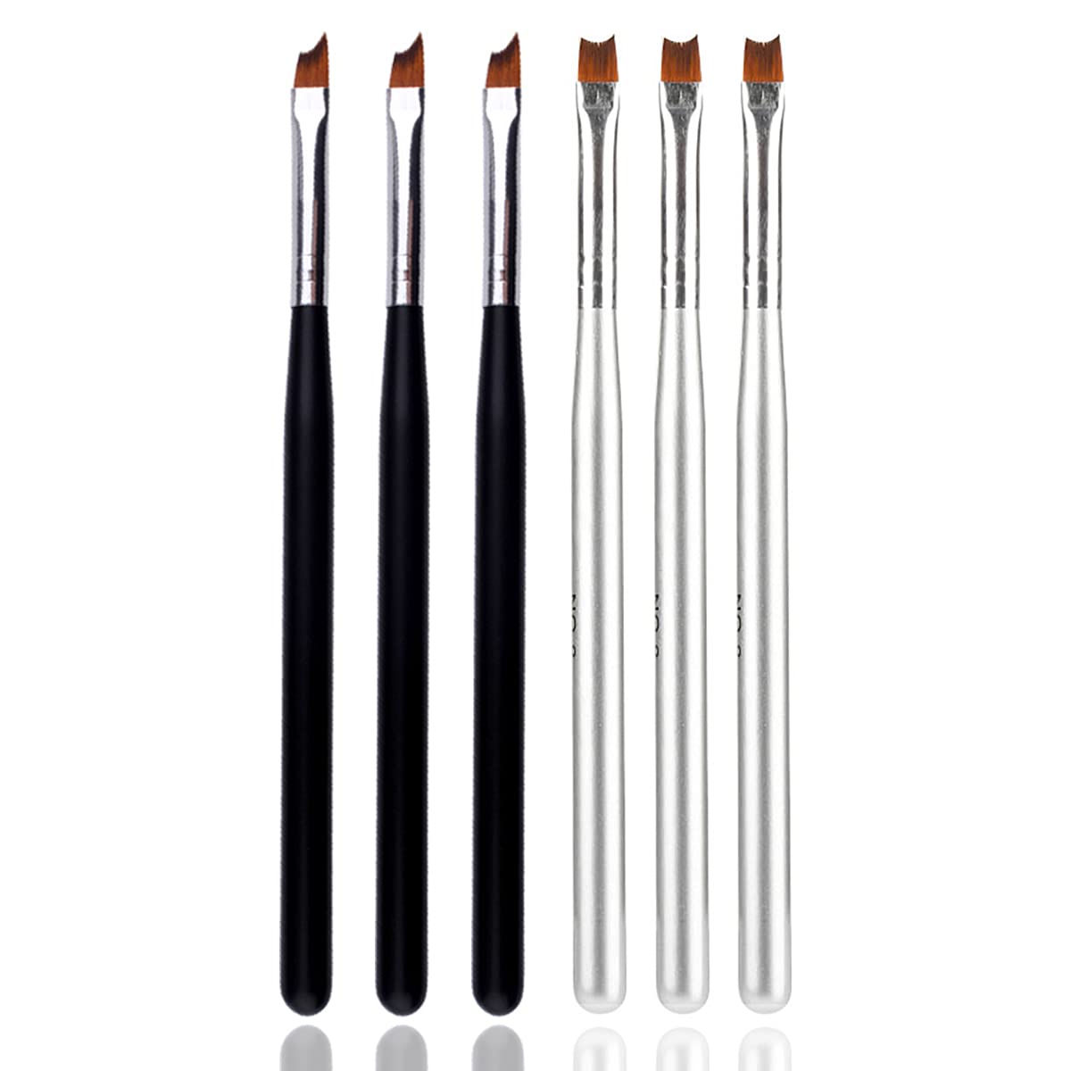 JERCLITY 6pcs French Tip Nail Brushes Set 3pcs Half Moon Shape Silver Handle 3pcs Oblique Head Black Handle Nail Brushes UV Gel Acrylic Painting
