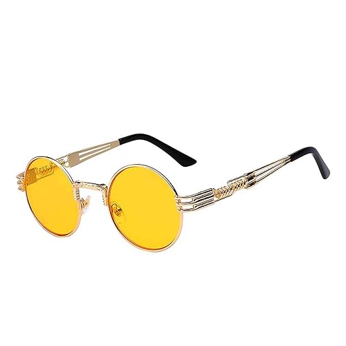 Retro Steampunk Style Round Vintage Yellow Lens Sunglasses Gold Metal Frame