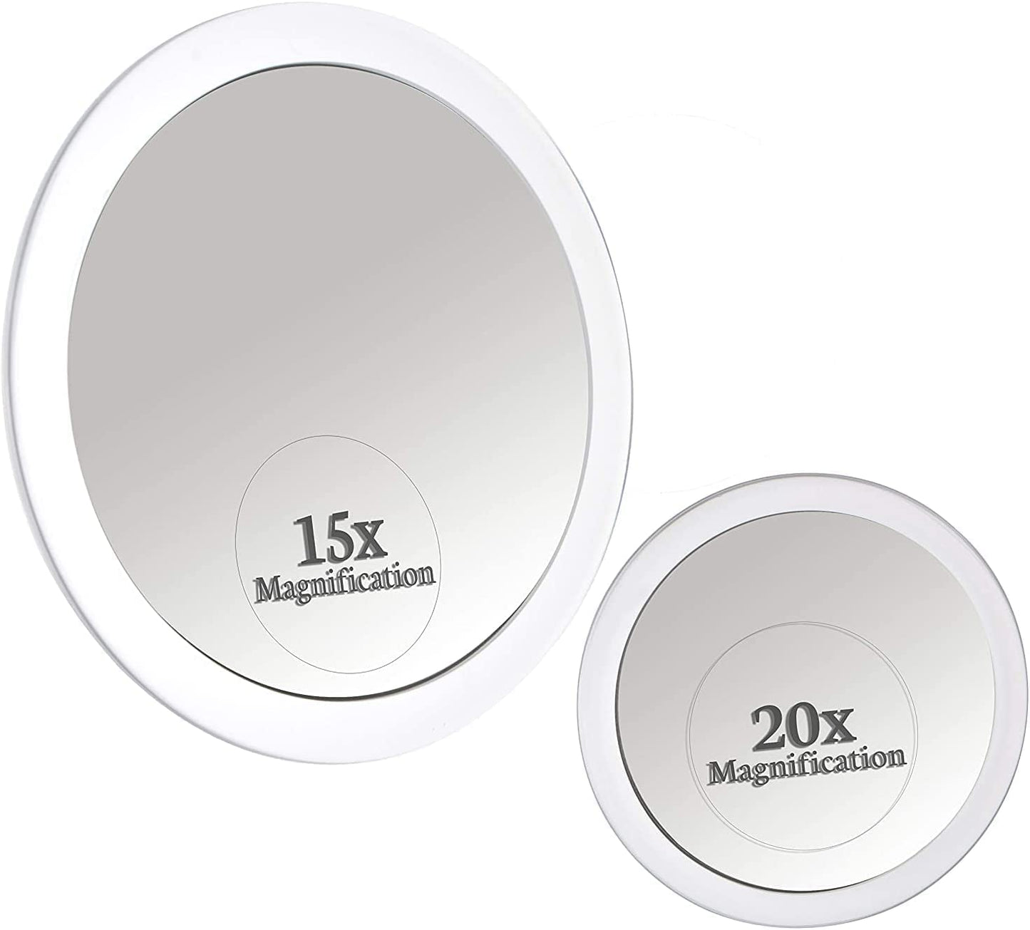 MIRRORVANA 20X & 15X Magnifying Mirror Set with 3 Suction Cups Each - Compact & Travel Ready Mirror for Makeup - Sizes: 6" and 4" Wide