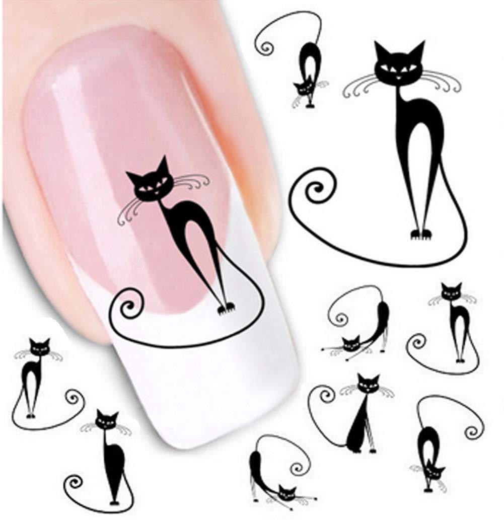6 PCS Stylish Black Cat Image Art Sticker Decoration Charm Decals Polish Design Ornaments for Manicure Pedicure Nail Art for Women Girls