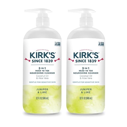 Kirk's Juniper & Lime 3-in-1 Nourishing Cleanser, Shampoo Body Wash Bubble Bath, Coconut Oil and Aloe Vera, Vegan Non-GMO, 32 Fl Oz, Pack of 2