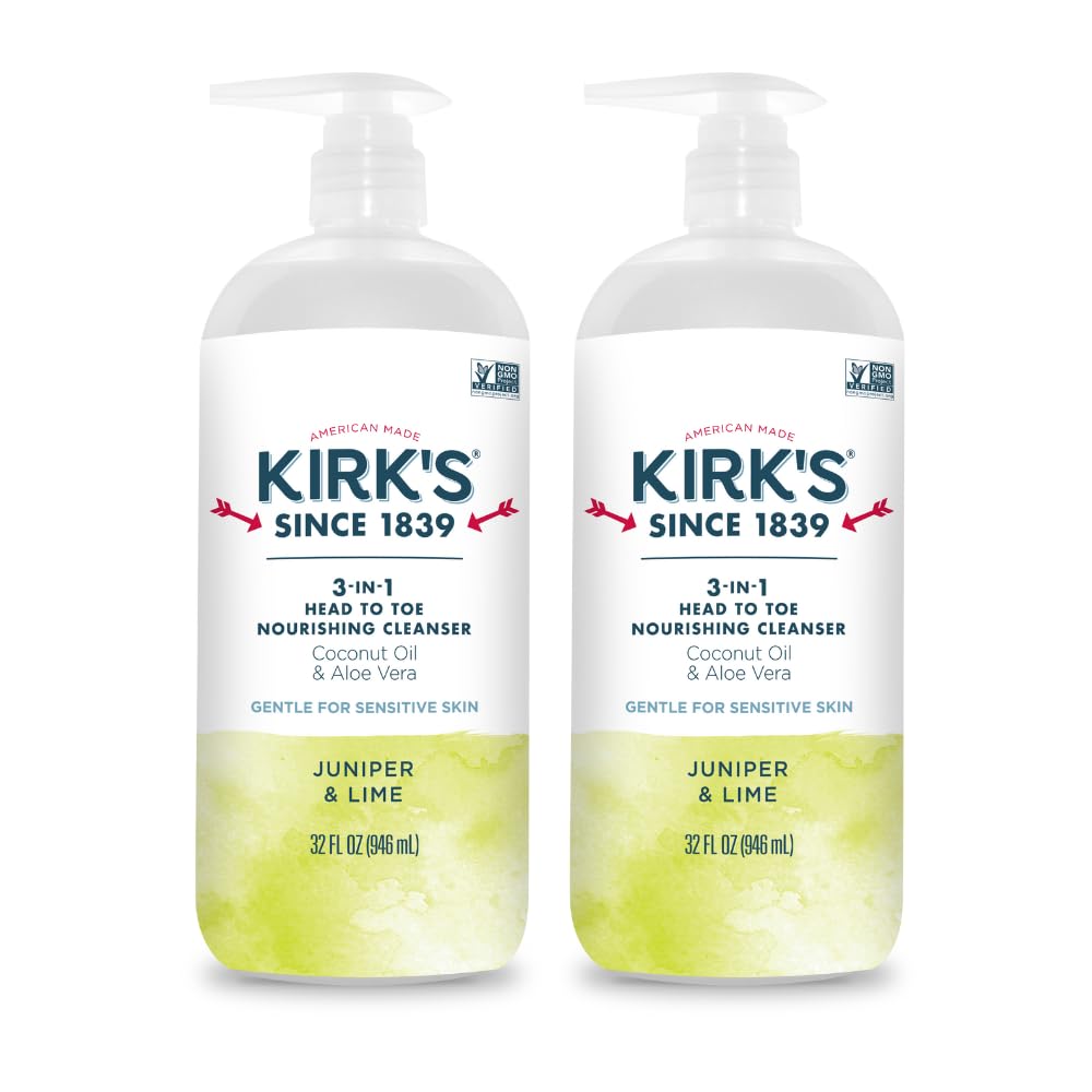 Kirk's Juniper & Lime 3-in-1 Nourishing Cleanser, Shampoo Body Wash Bubble Bath, Coconut Oil and Aloe Vera, Vegan Non-GMO, 32 Fl Oz, Pack of 2
