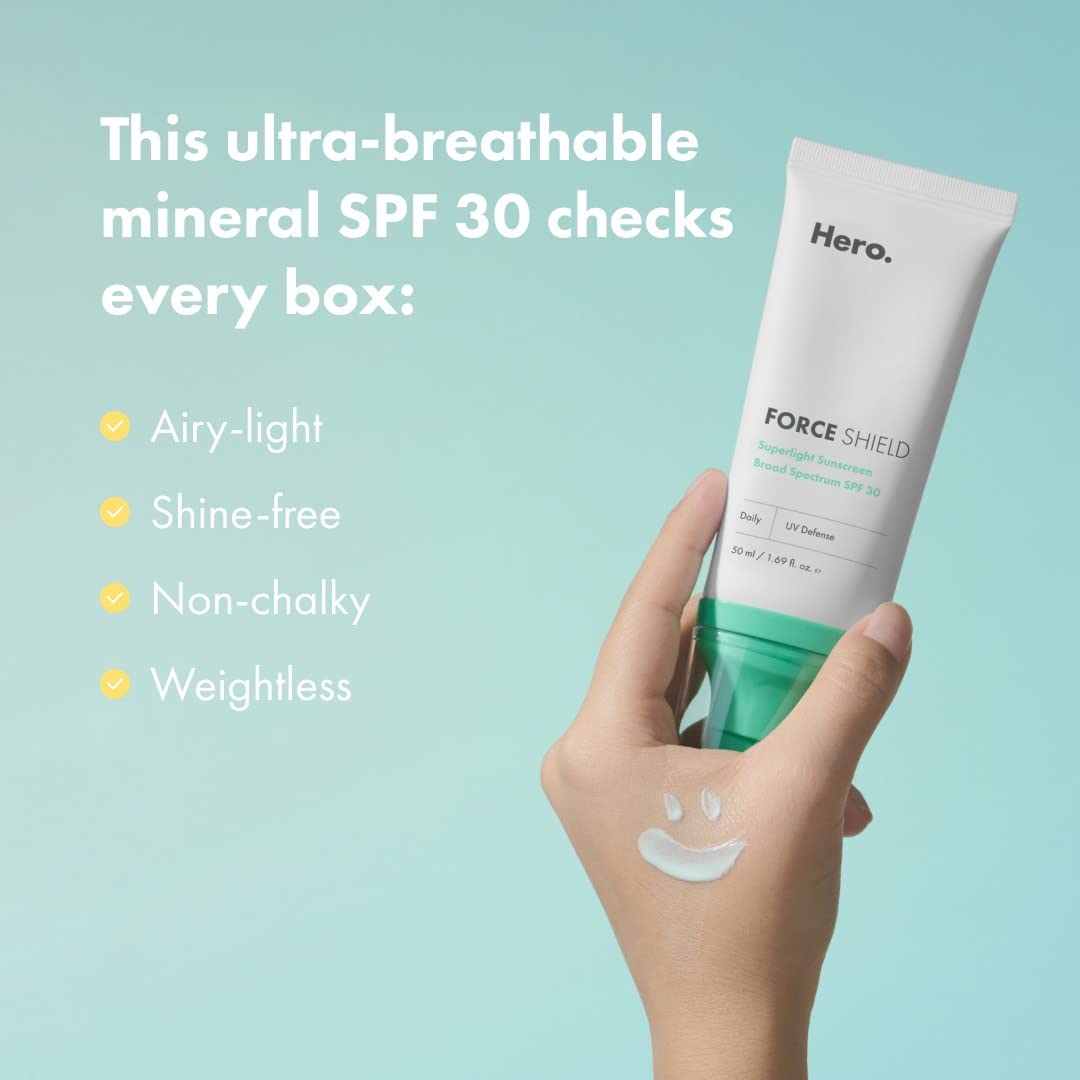 Hero Cosmetics Force Shield Superlight Sunscreen SPF 30 - Everyday Lightweight Sunscreen for Face & Acne-Prone Skin with Zinc Oxide - Fragrance Free