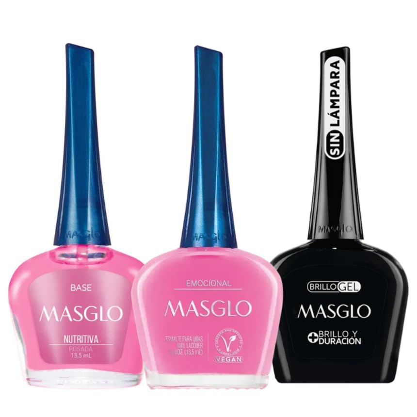 MASGLO Traditional Nail Polish 0.5 Fl. Oz. 3 piece kit with NUTRITIVE ROSE BASE, color EMOCIONAL and TOPCOAT GEL Beauty & Personal Care MASGLO