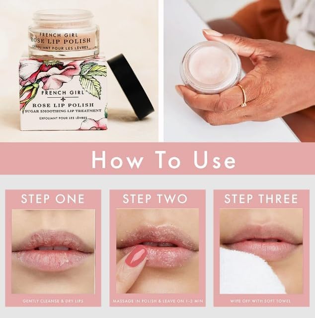 French Girl Rose Lip Scrub - Organic Sugar Scrub For Lips, Hydrating Lip Exfoliator & Moisturizer with Shea Butter & Essential Oils, Treatment for Dry