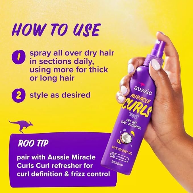 Aussie Miracle Curls 2nd Day Curl Activator Spray with Coconut & Jojoba Oil, Curl Refresher for Wavy & Curly Hair, 8.5 fl oz (Pack of 2)
