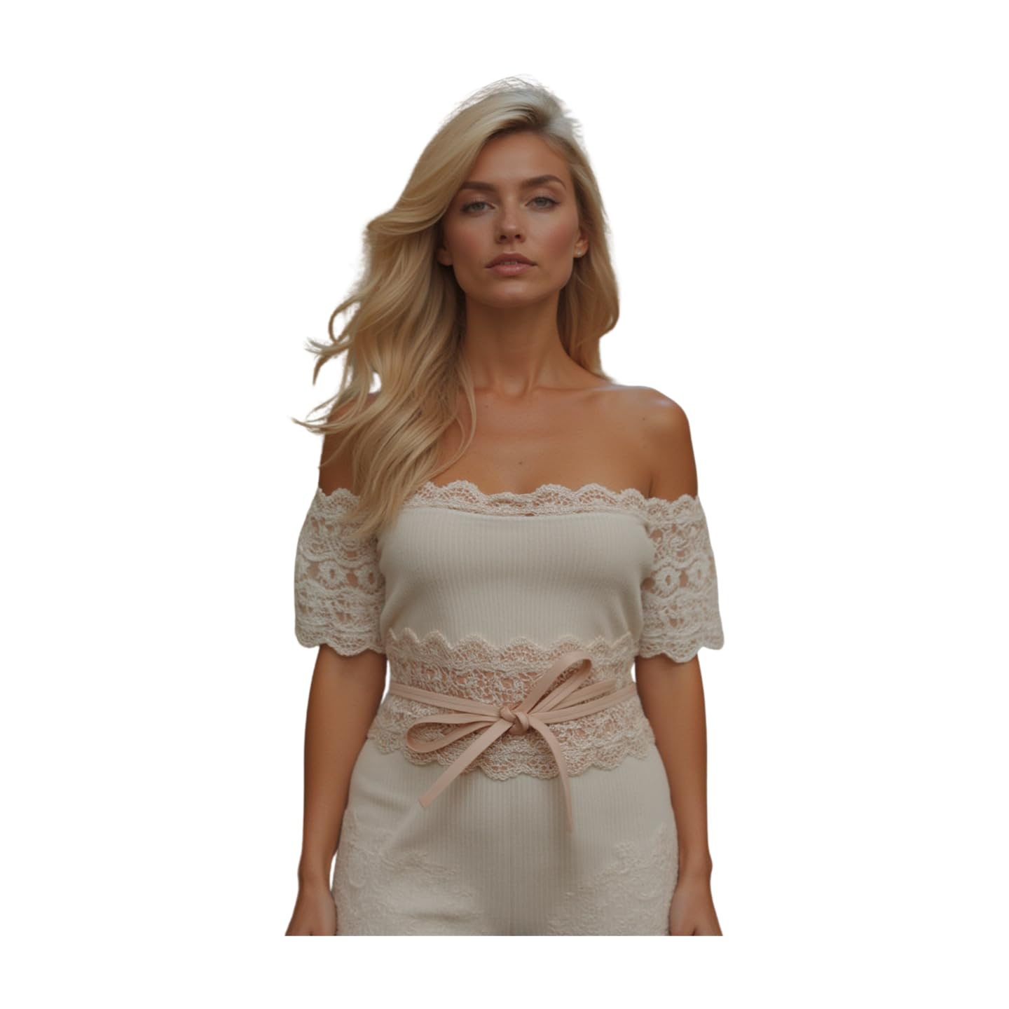 Women Wide Floral Lace Fabric Waistband Wrap Around Chic Fashion Tie Belt Size S M L (Cream pearl)