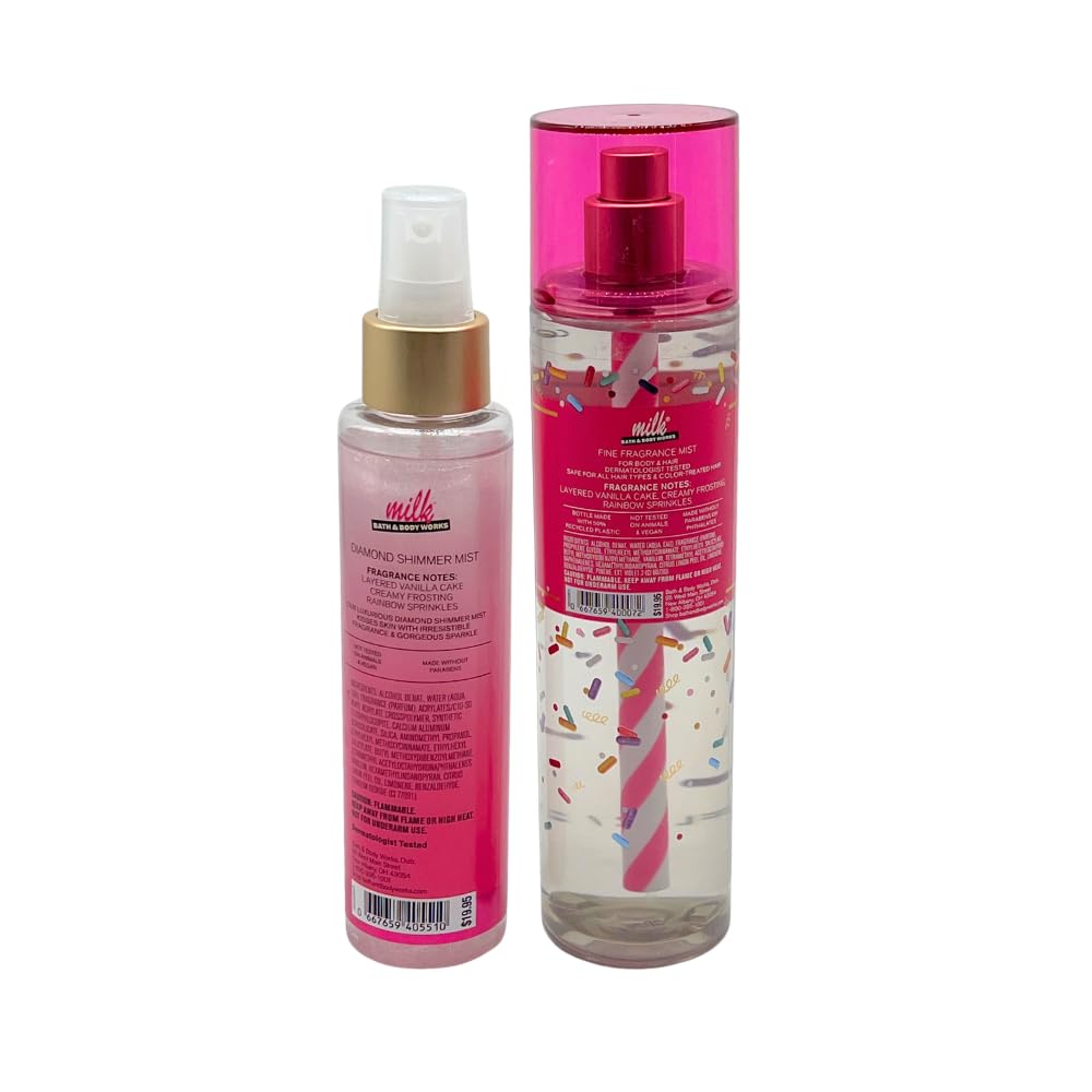 Bath & Body Works MILK BAR BIRTHDAY CAKE Fine Fragrance Mist & Diamond Shimmer Mist 2pc bundle with a Red Bow for Holidays & Gifts