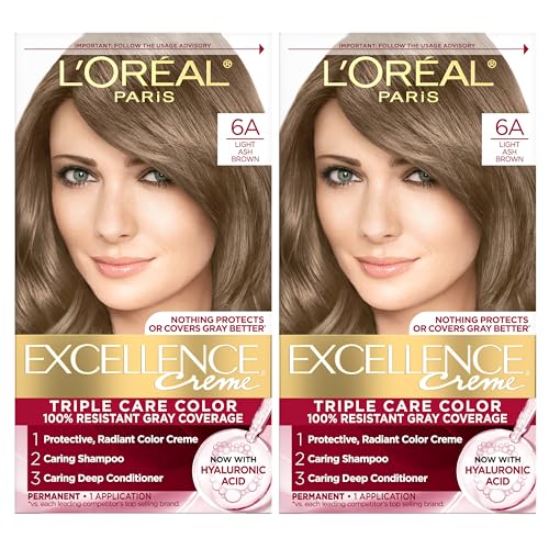L'Oreal Paris Excellence Crème Permanent Hair Dye, Triple Care Hair Color with Hyaluronic Acid for 100% Gray Coverage, 6A Light Ash Brown, 1 Kit (Pack