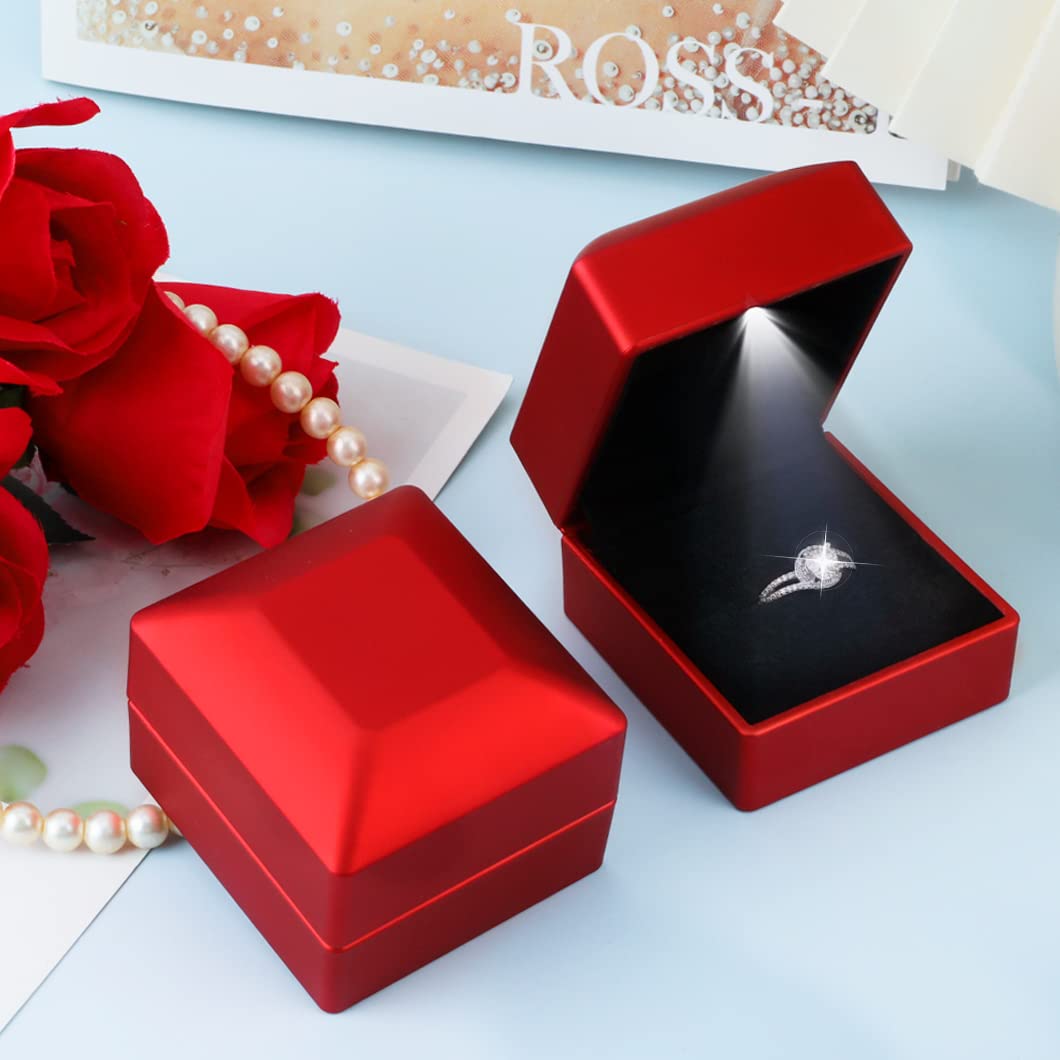 Rolin Roly 2PCS Red Ring Box with LED Light Square Jewelry Ring Case Jewellry Display Gift Boxes for Wedding Ring Box Ceremony Engagement Proposal…