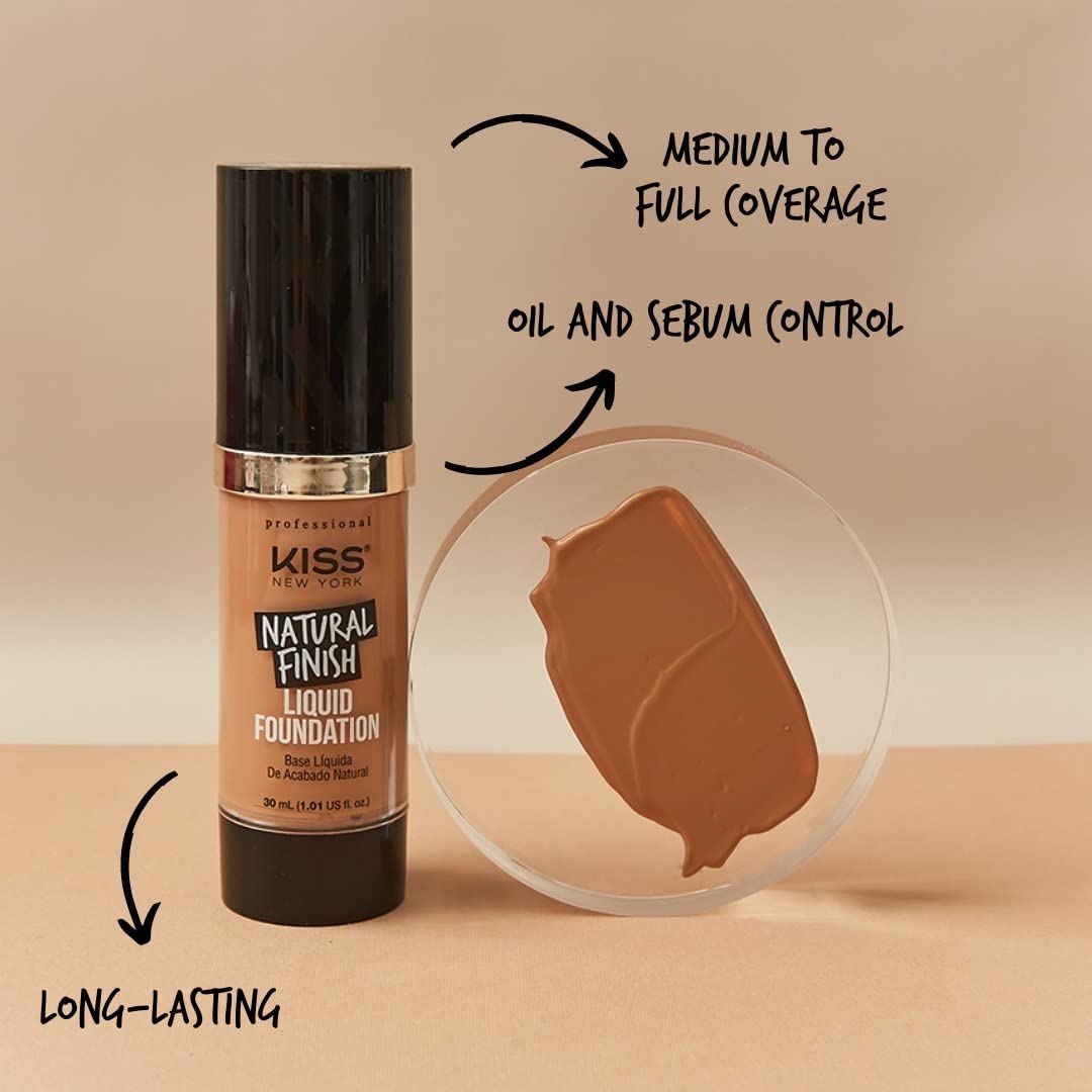 Kiss New York Professional Liquid Foundation - Lightweight and Hydrating Formula, Natural Finish, Control Shine, Cover Pores, Medium to Full Coverage