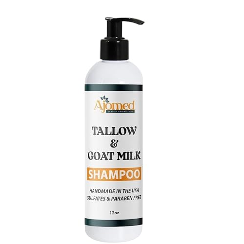 AJOMED Cosmetics Goat Milk and Tallow Shampoo - Tallow Moisturizing Hair Care for Dry, Damaged Split Ends - Silicone, Paraben, Sulfate Free Shampoo