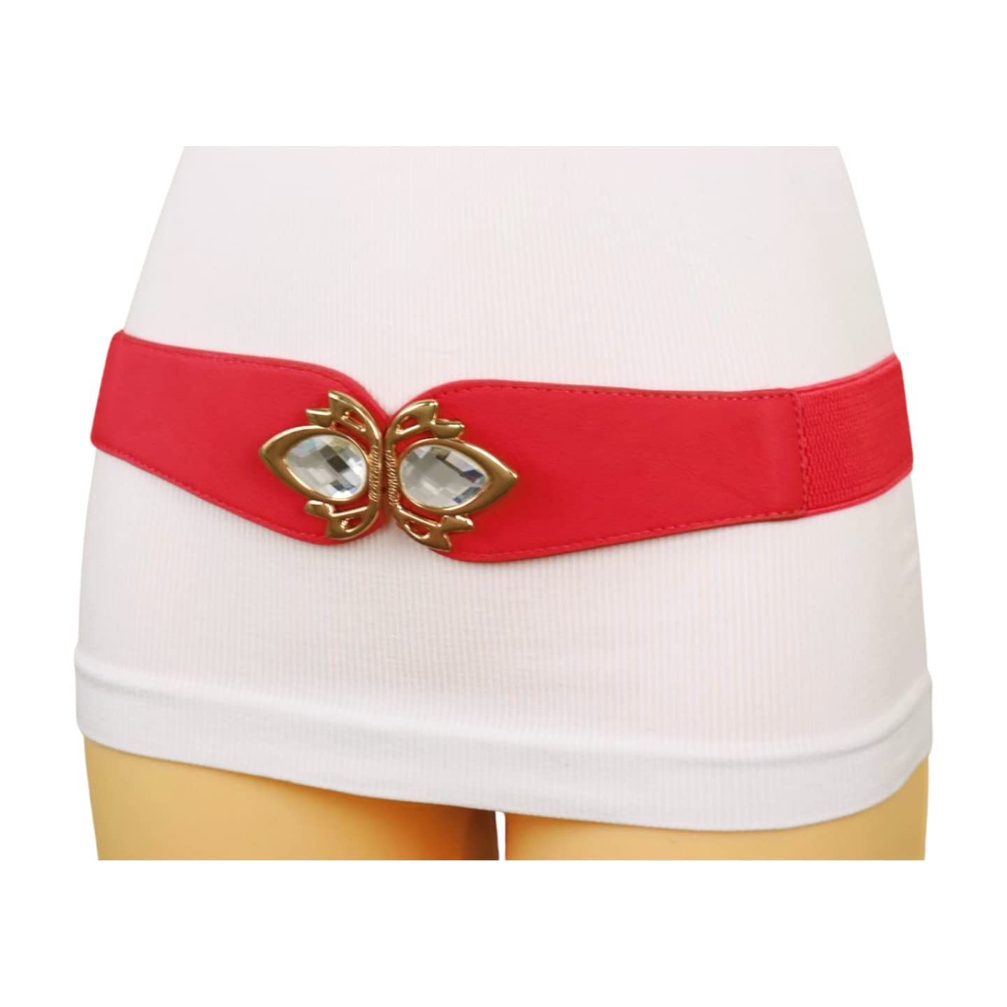 Women Fashion Belt Hip High Waist Elastic Stretch Waistband Metal Bling Buckle S M Coral Color