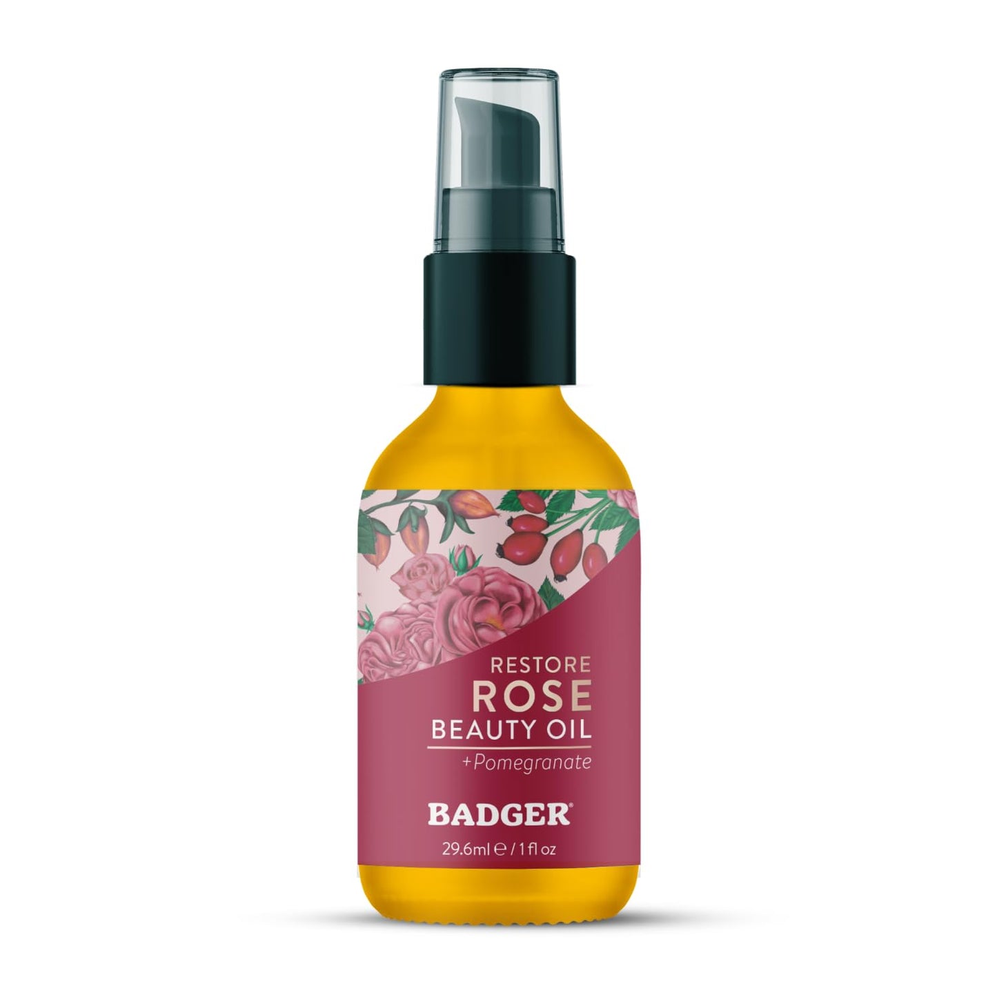 Badger Rose Face Oil, 100% Organic Face Moisturizer, Nourishing & Soothing Organic Jojoba Oil & Rose Oil, Vegan Antioxidant Rich Moisturizing Facial