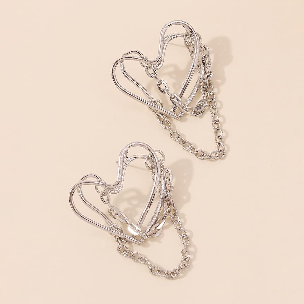 JWICOS Tassel Chain Drop Dangle Double Layer Big Heart Hoop Earrings for Women Punk Style (Silver)