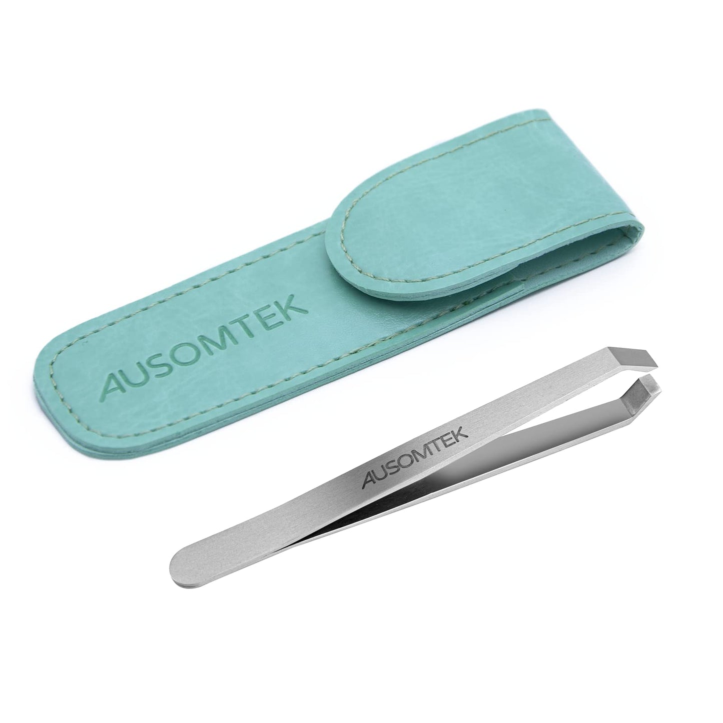 Ausomtek Beard Tweezers, White Hair Plucking Tweezers, Stainless Steel, Fine Hair Removal Tweezers, Eyebrows Shaping Tool, 5mm Tip, Cyan PU Case