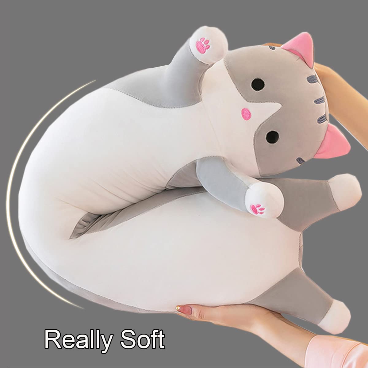 Giant Cat Pillow Plush Cartoon Kitty Sleeping Hugging Pillow, Cuddly Soft Long Kitten Body Pillow Doll Cat Cushion Toy for Kids Girlfriend (Gray,…