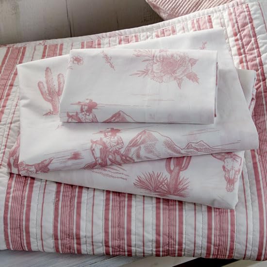Rod's Dusty Rose Pink Cowgirl Toile-(Sheet Set)-4 Piece King Sheet Set-Pink and White-Top Sheet (112x102in)-Fitted Sheet (78x80x15in) Two Pillow Cases