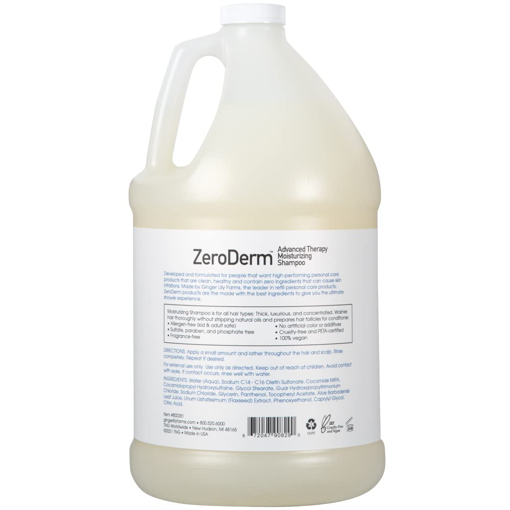 Ginger Lily Farms Botanicals ZeroDerm Advanced Therapy Moisturizing Shampoo for All Hair Types, 100% Vegan & Cruelty-Free, Fragrance Free, 1 Gallon