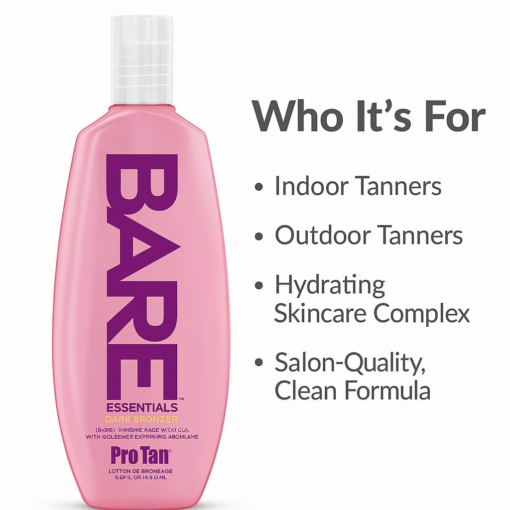 Pro Tan BARE Essentials Dark Bronzer Tanning Lotion 8.5 fl oz - Vegan DHA, Collagen Boosting Squalane, Aloe, Coconut Oil, Jojoba & Vitamins B C E