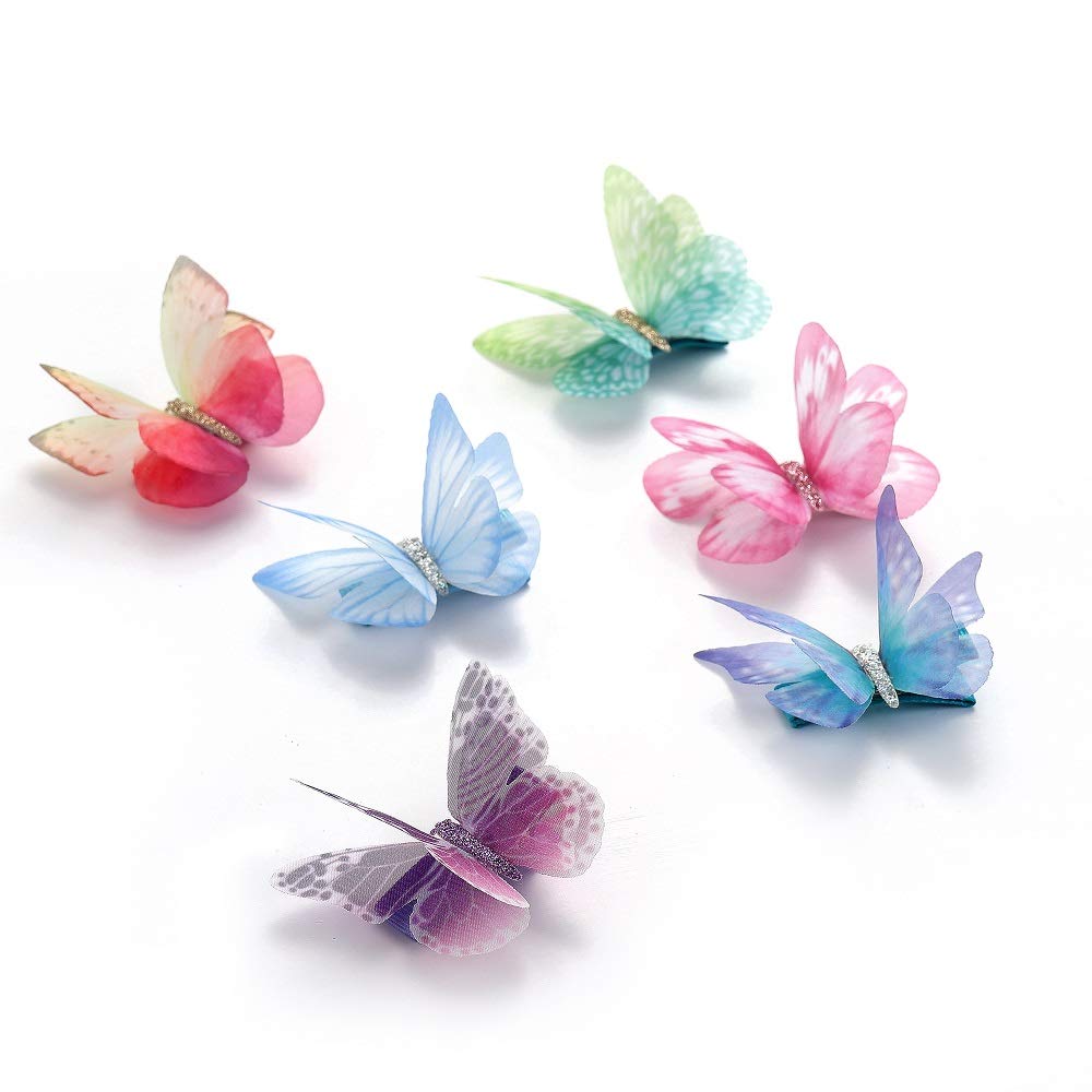 Liasun 6Pcs/pack 3D Colorful Organza Butterfly Hair Clips - Chiffon Fairy Wings - Ribbon Wrapped Clips 0.4Inch Barrettes Hair Accessories