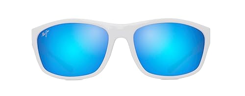 Maui Jim Men's and Women's Nuu Landing Polarized Wrap Sunglasses, White w/Navy Rubber/Blue Hawaii, Medium