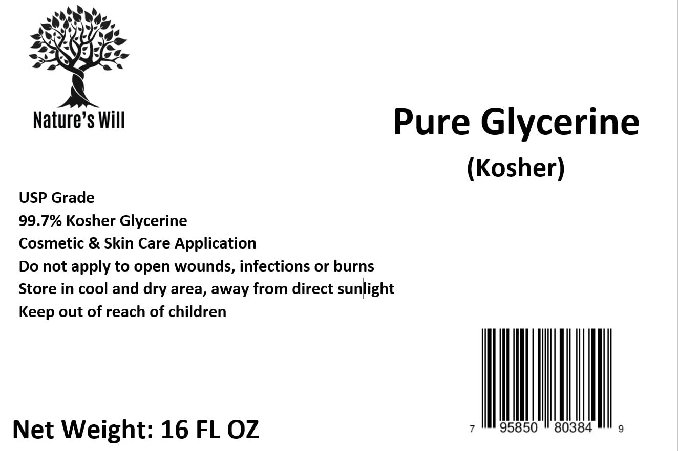 Nature's Will Pure Glycerine/Glycerin USP, FCC Grade For Cosmetic, Natural Moisturizer & Cleanser for Skin, Hair, Crafts, Soap Base Oil - Kosher