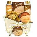 White Rose Jasmine Spa Set For Women in Elegant Gold Tub Includes Shower Gel, Bubble Bath, Body Lotion, Jasmine Bath Salt, Pouf, Award Winning Bath