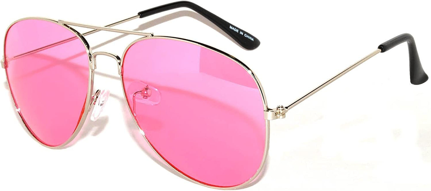 OWL Classic Aviator Style Sunglasses Pink Tint Lens Metal Silver Frame for Women UV400 Protection