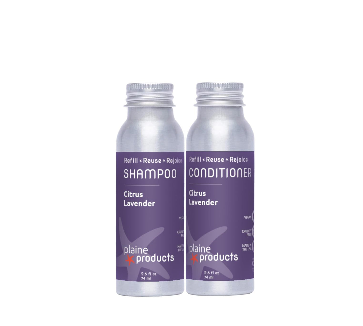 Plaine Products Eco-Friendly Travel Size Shampoo and Conditioner - Citrus Lavender - Paraben/Sulfate/Phthalate Free, 2.5oz Refillable Aluminum Bottles