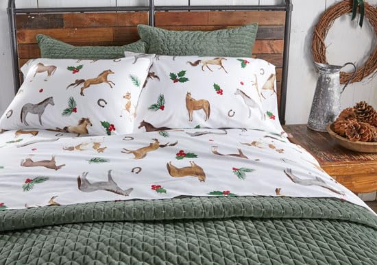 Rods - Holly Horses (Sheet Set) - Cozy Winter Horse - Brown Tan Grey Red Green White - 4-Piece King Sheet Set - Top Sheet (112x102)-Fitted Sheet