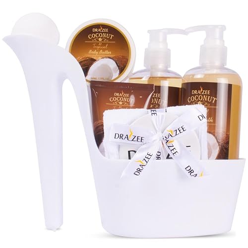 Gift Set for Her - 8 Pcs Luxury Coconut Scented Heel Shoe Bath and Body Spa Basket - Shower Gel, Bubble Bath, Body Butter, Lotion & More - Gift
