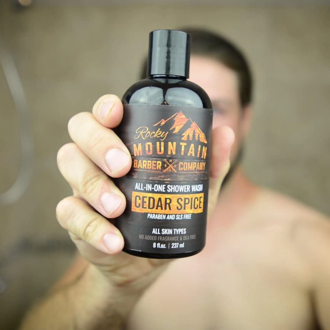 Rocky Mountain Barber Company Cedar Spice All-In-One Body Wash - Shampoo, Body Wash, Conditioner, Face Wash & Beard Wash with Essential Oils - 8 oz