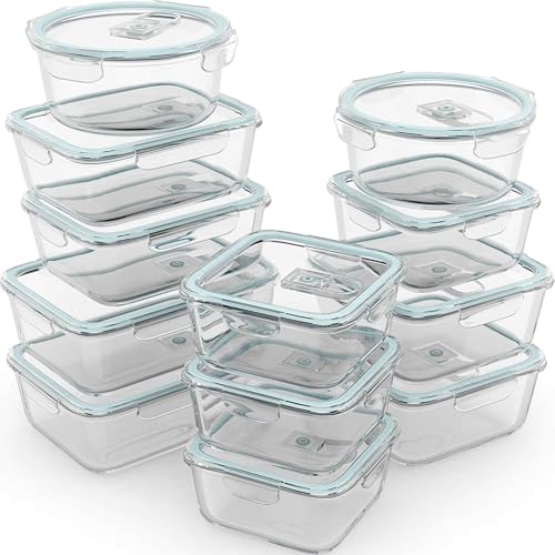 Razab 24 Pc Airtight Glass Food Storage Containers - Glass Meal Prep Containers - Freezer to Oven Safe - Steam Release Valve BPA Free - Airtight…