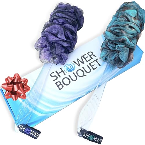 SHOWER BOUQUET Loofah-Charcoal Back-Scrubber Color-2-Pack // Long-Handle-Loofa-Lufa Bath-Sponge Brush/Extra Large Soft Mesh for Men & Women