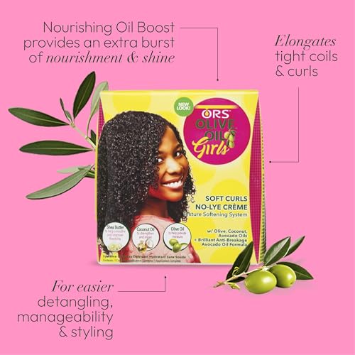 ORS Olive Oil Girls Soft Curls No-Lye Creme Texture Softening System Kit with Olive, Coconut & Avocado Oils (Pack of 1)
