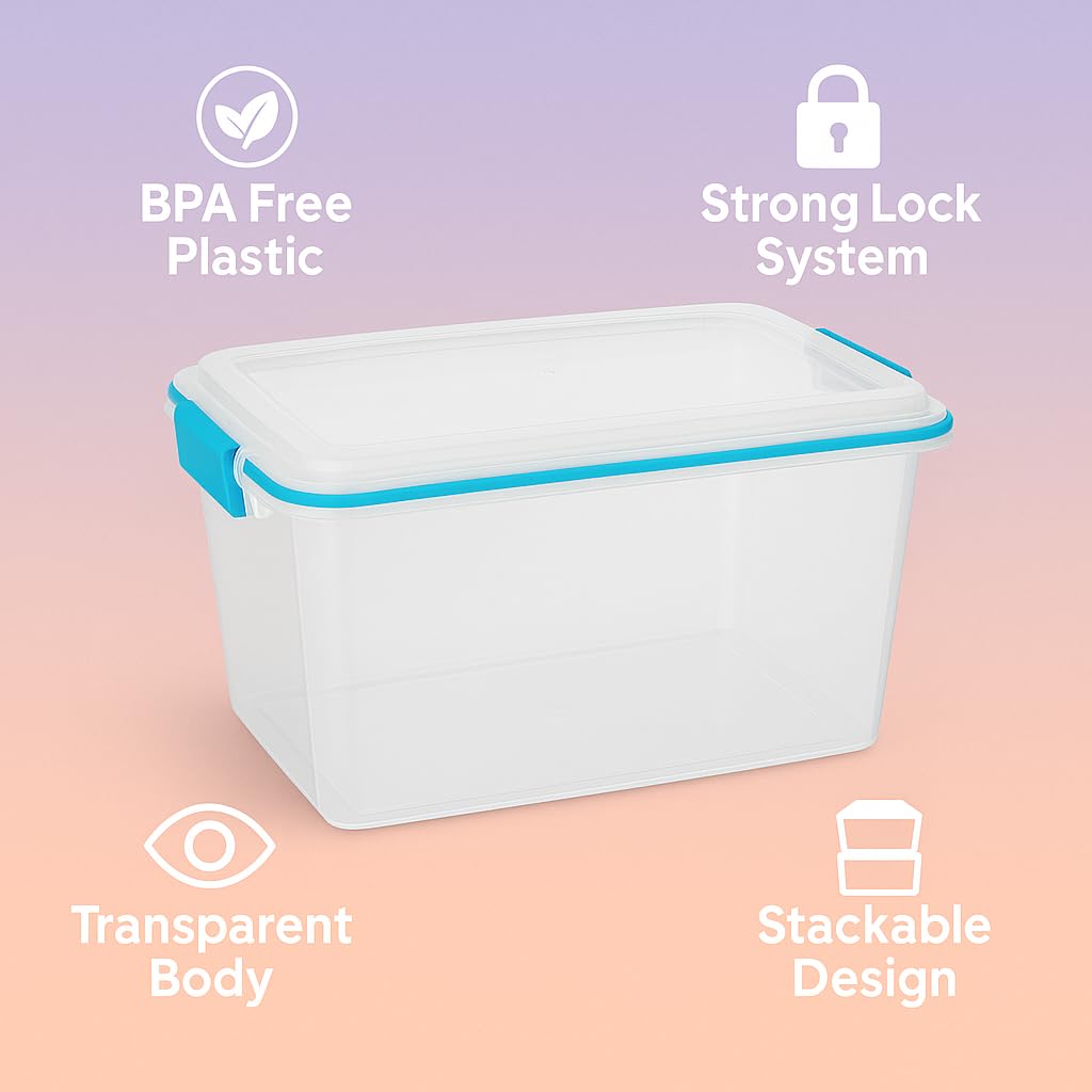 20 Quart Clear Plastic Storage Bin with Gasket Seal Lid - Small Airtight Storage Container for Closet, Pantry, Garage, Office, Blue Latching Box