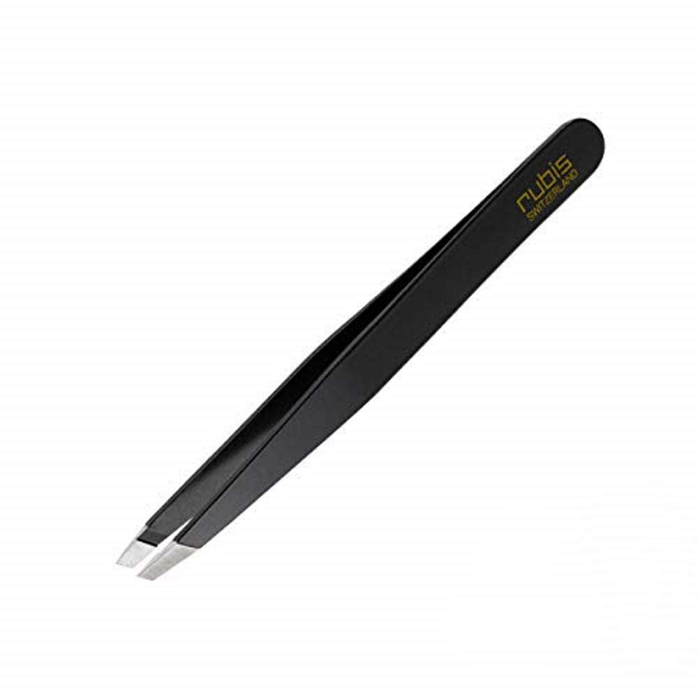 Rubis Classic Stainless Steel Slanted Tweezers for Precise Eyebrows and Hair Removal, 1K104, Made in Switzerland, Black