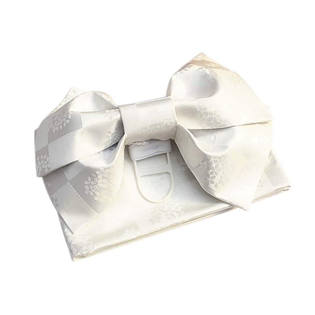 Japanese Traditional Pre-Tied OBI Belt Sakura Jacquard Weave Bow Tsukuri OBI Kimono Sash Yukata Robe Accessories (White)