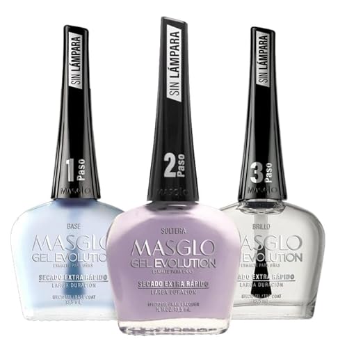 MASGLO GEL EVOLUTION Nail Polish Gel Effect, No UV/Led Lamp, Duration Up to 12 days, 3 PCs -Base, Esmalte Color, Brillo - Efecto Gel sin necesidad de Beauty & Personal Care MASGLO
