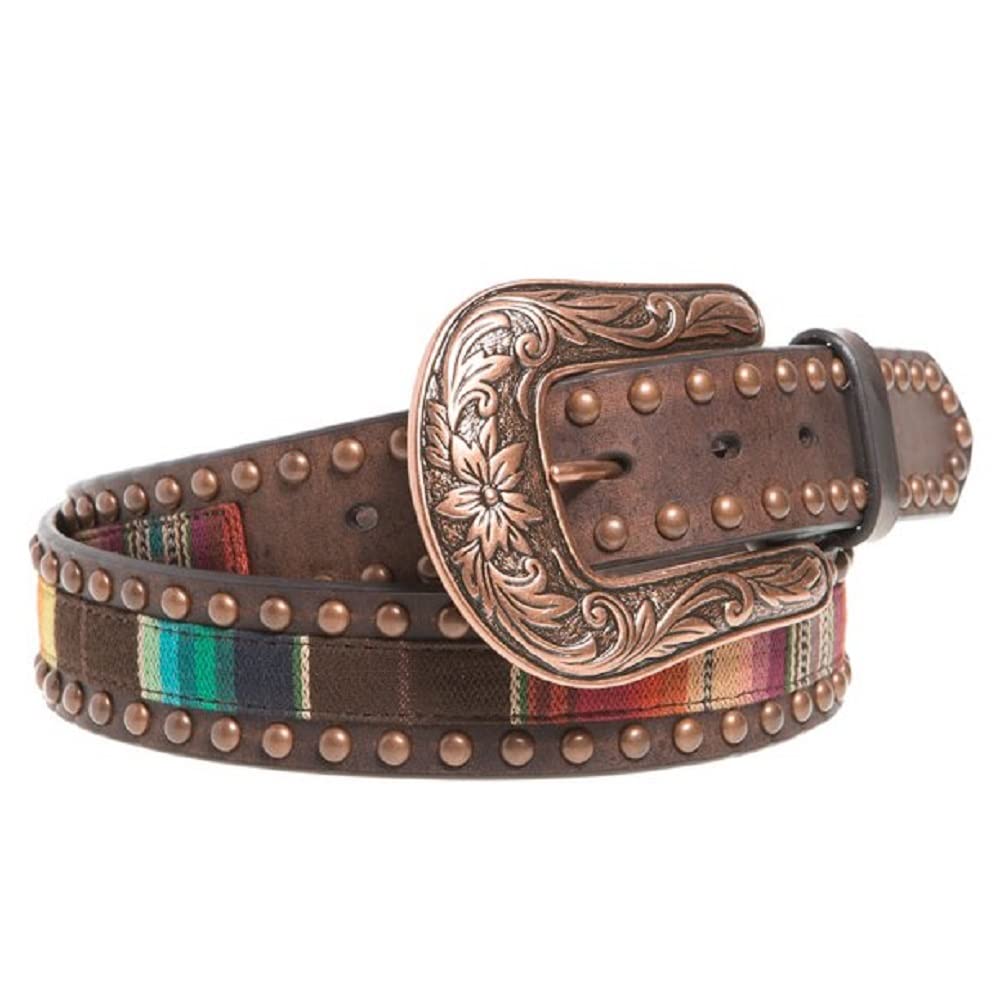 ARIAT Ladies Leather Belt, Multicolor Serape Fabric Center, Copper Studs & Buckle, Large